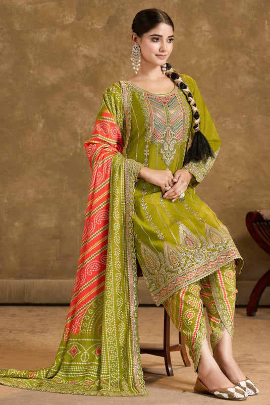 Fabulous Mehendi Green Color Readymade Dhoti Style Salwar Suit