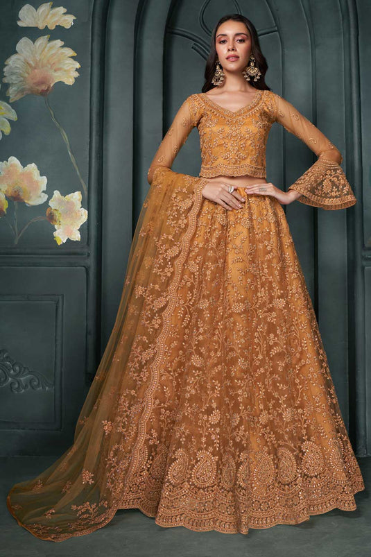 Attractive Wedding Wear Orange Color Net Fabric Lehenga