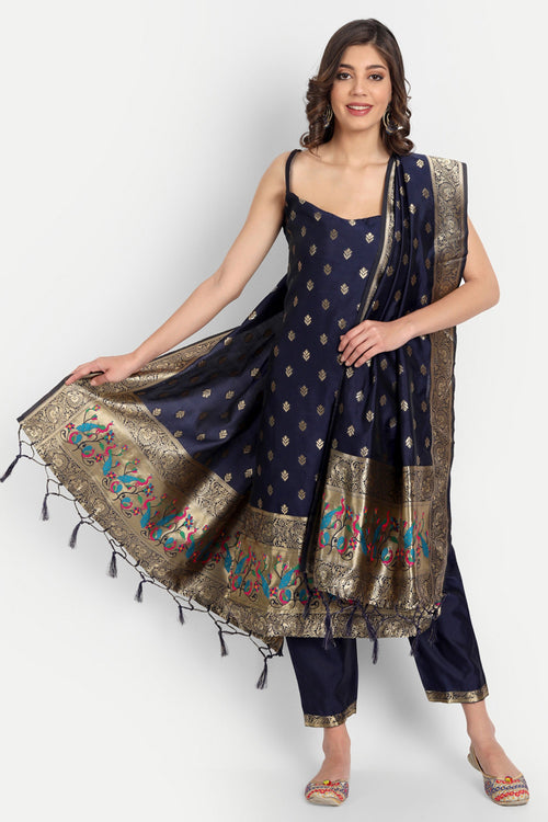Lovely Navy Blue Weaving Work Salwar Kameez With Banarasi Silk Dupatta