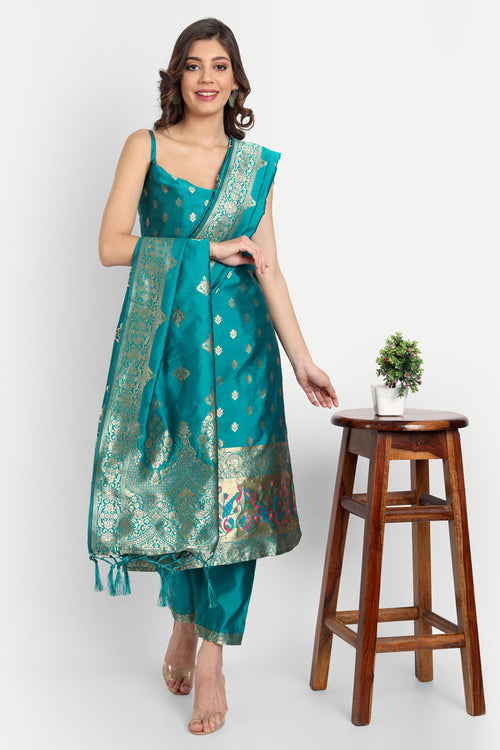 Cyan Weaving Work Jacquard Silk Salwar Suit With Banarasi Silk Dupatta