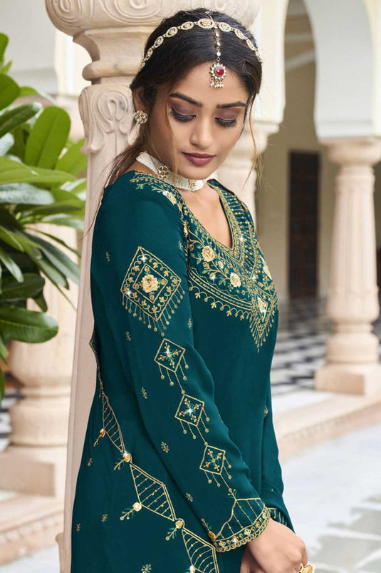 Teal Color Georgette Fabric Alluring Sharara Suit