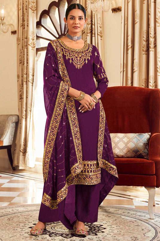 Incredible Vichitra Fabric Purple Color Pakistani Replica Suit