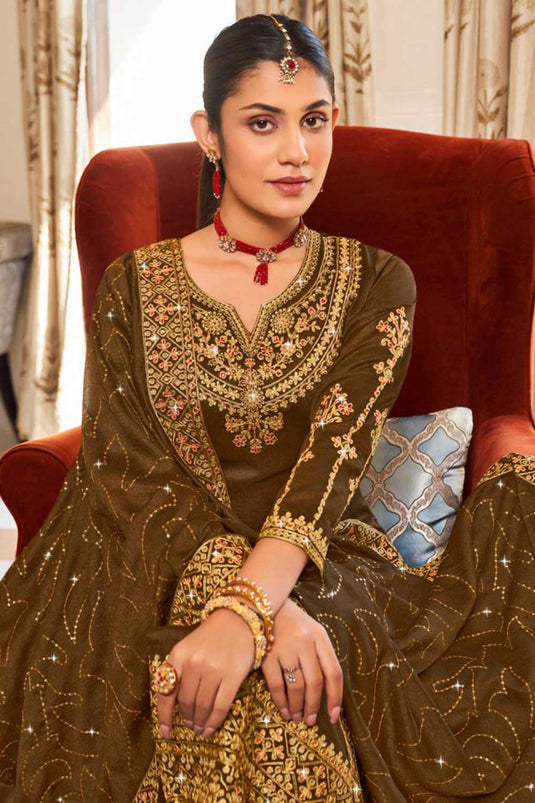 Engaging Brown Color Vichitra Fabric Pakistani Replica Suit