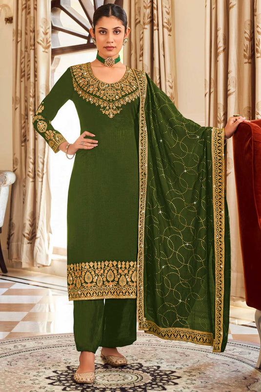 Creative Vichitra Fabric Pakistani Replica Suit In Mehendi Green Color