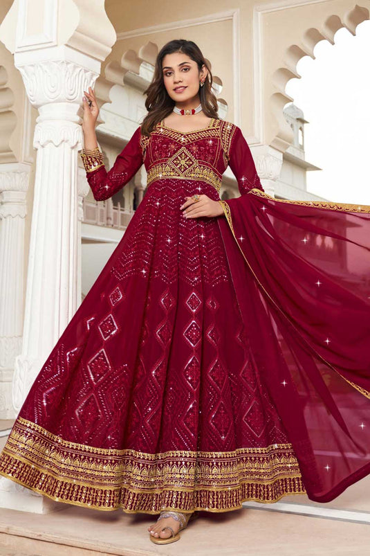 Sangeet special Rani Color Georgette Readymade Anarkali Suit