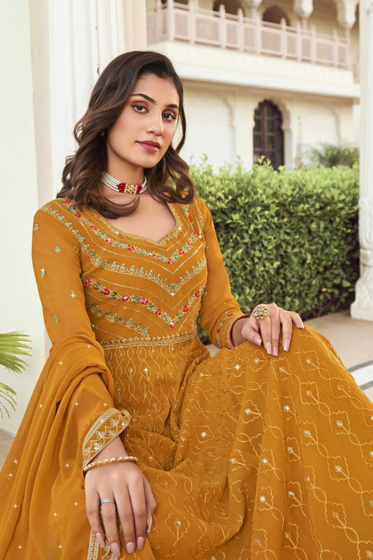 Stylish Mustard Color Georgette Readymade Anarkali Suit