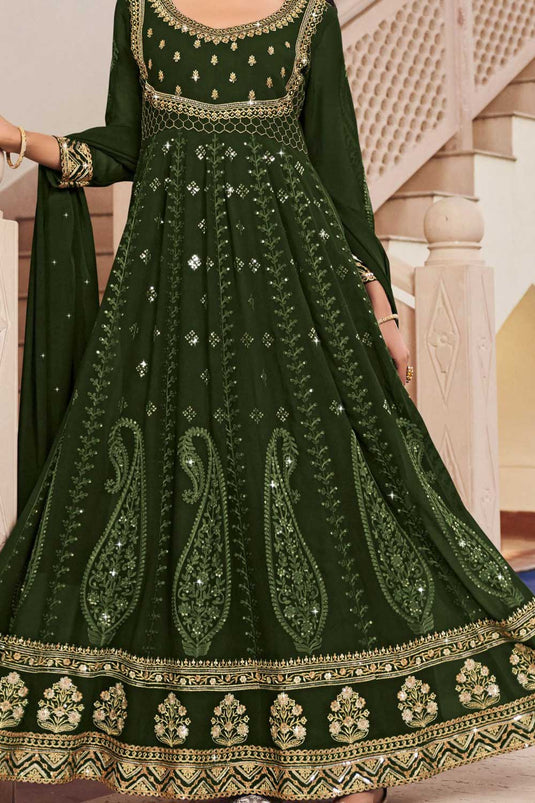 Elegant Mehendi Green Georgette Sangeet Wear Readymade Anarkali Suit