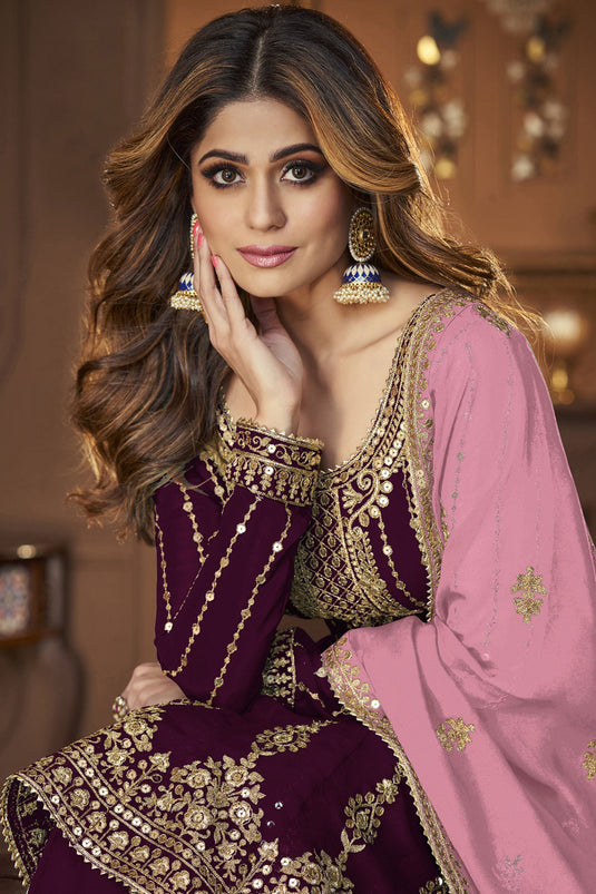 Shamita Shetty Radiant Purple Color Georgette Fabric Sharara Top Lehenga