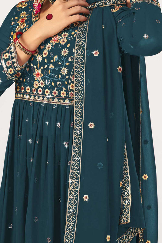 Engaging Teal Color Function Wear Georgette Pakistani Replica Suit