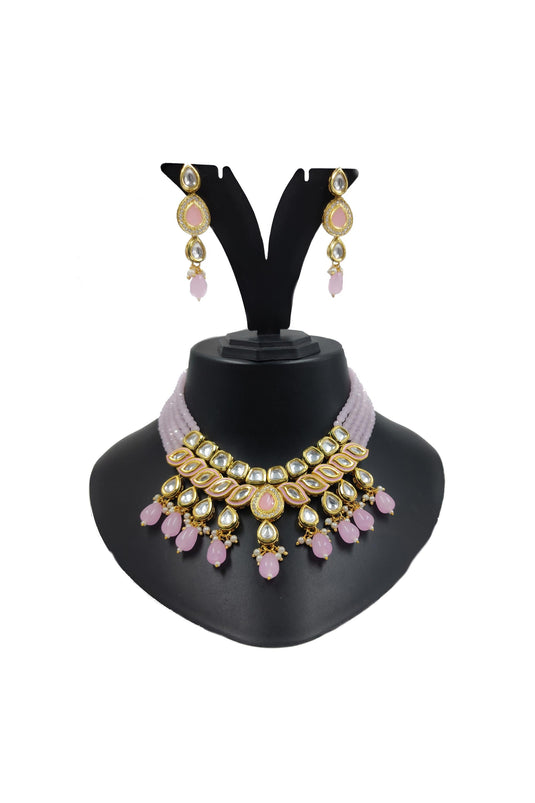 Alloy Material Pink Color Stylish Look Kundan Necklace Set