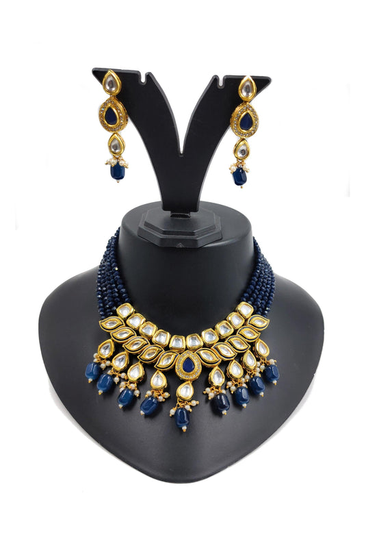 Alloy Material Navy Blue Color Beatific Look Kundan Necklace Set