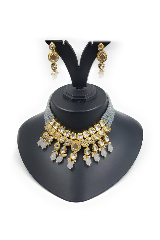 Alloy Material Captivating Grey Color Kundan Necklace Set