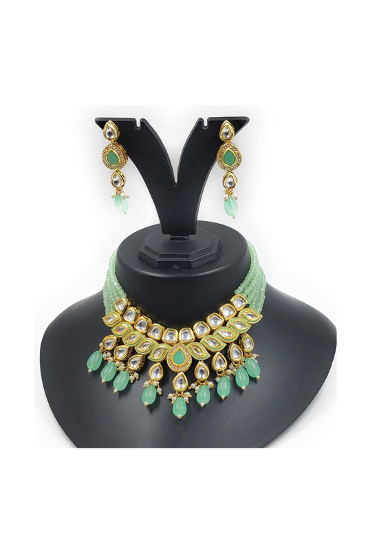 Alloy Material Sea Green Color Gorgeous Look Kundan Necklace Set