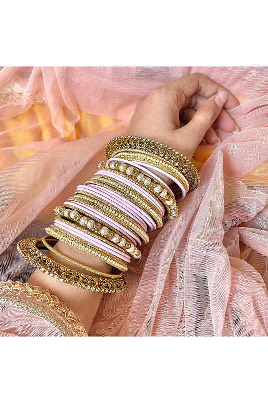 Traditional Pink Color Bridal Bangle Set With Pacheli Kada In Alloy Material