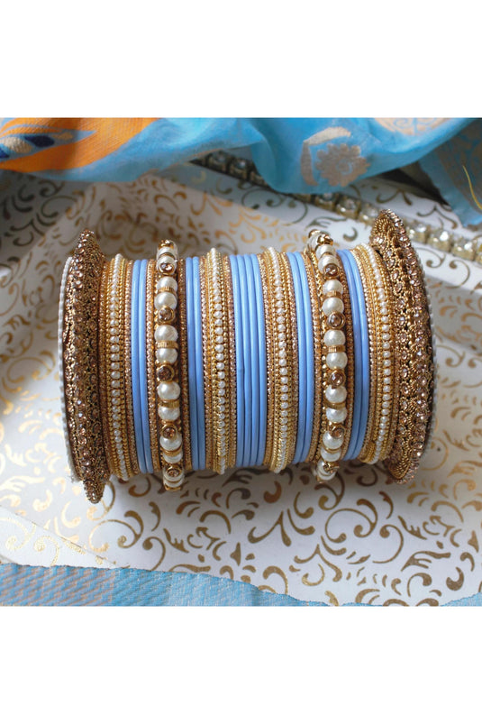 Blue Color Alloy Material Embellished Bridal Bangle Set With Pacheli Kada