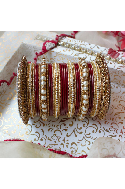 Alloy Material Maroon Color Elegant Bridal Bangle Set With Pacheli Kada