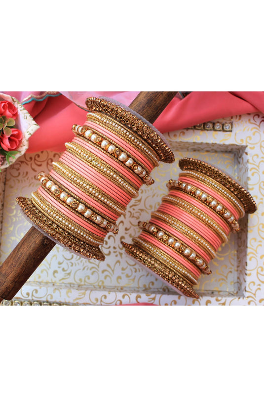 Peach Color Alloy Material Ravishing Bridal Bangle Set With Pacheli Kada