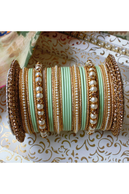 Sea Green Color Alloy Material Enticing Bridal Bangle Set With Pacheli Kada
