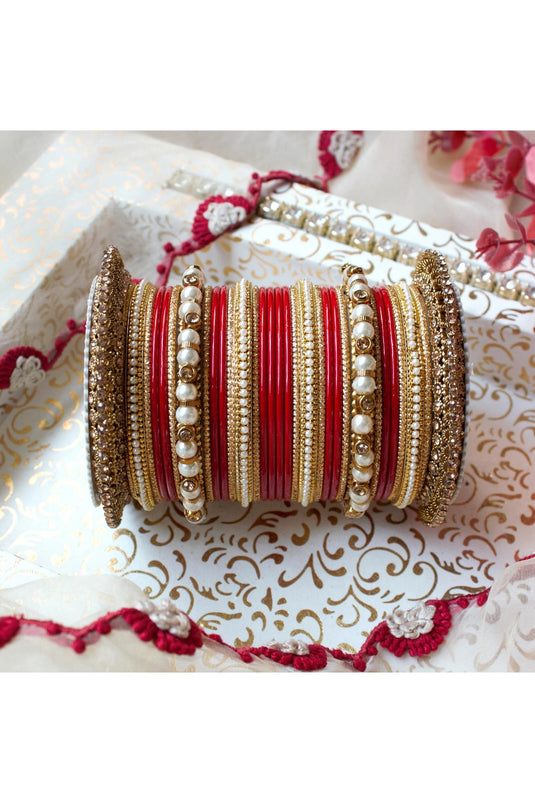 Alloy Material Red Color Fantastic Bridal Bangle Set With Pacheli Kada