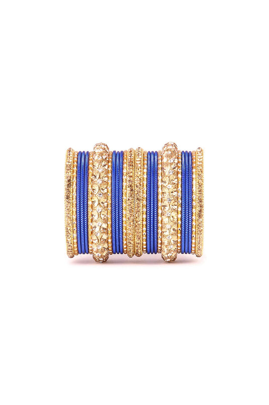 Alloy Material Blue Color Patterned Shining Bangle Set With Lac and Golden Stone