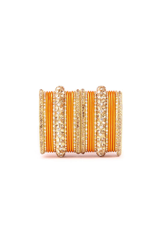 Creative Orange Color Alloy Material Shining Bangle Set With Lac and Golden Stone