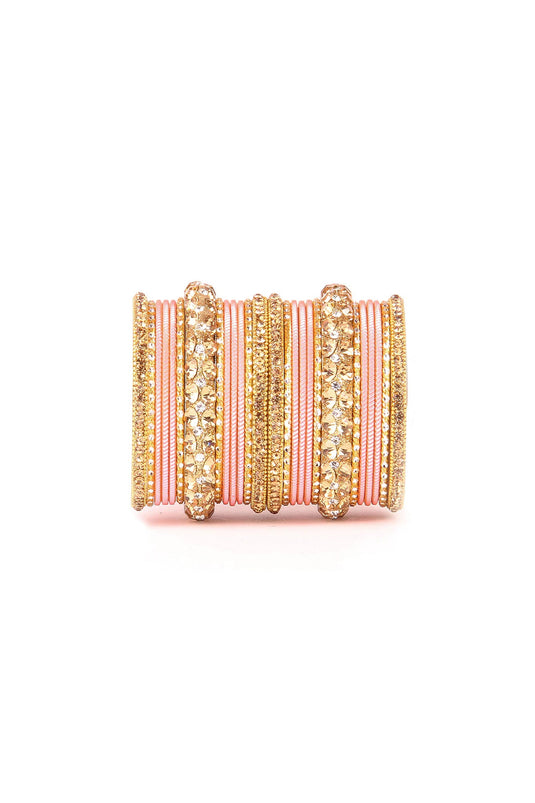 Excellent Alloy Material Peach Color Shining Bangle Set With Lac and Golden Stone