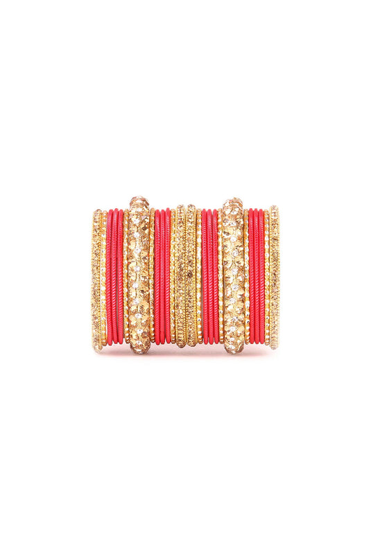 Red Color Alloy Material Stunning Shining Bangle Set With Lac and Golden Stone