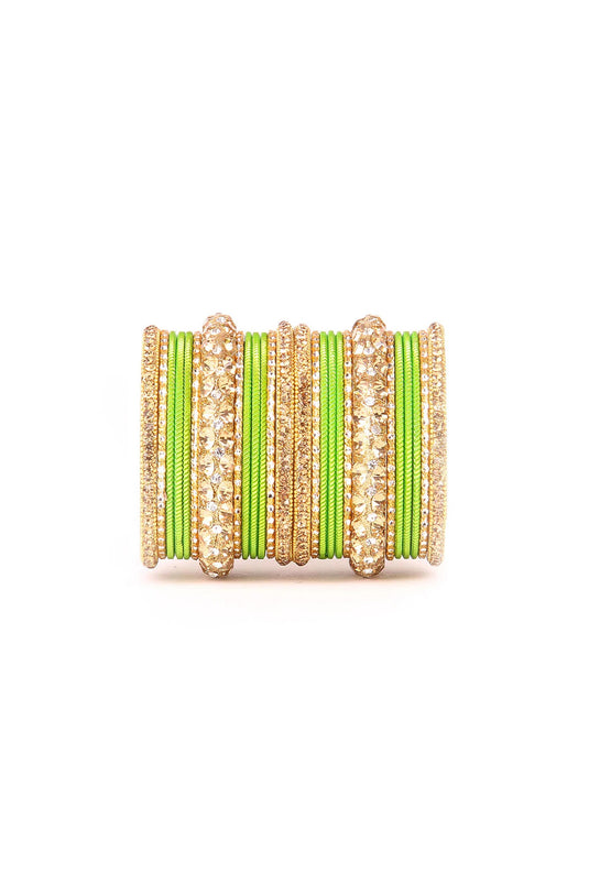 Beguiling Sea Green Color Alloy Material Shining Bangle Set With Lac and Golden Stone