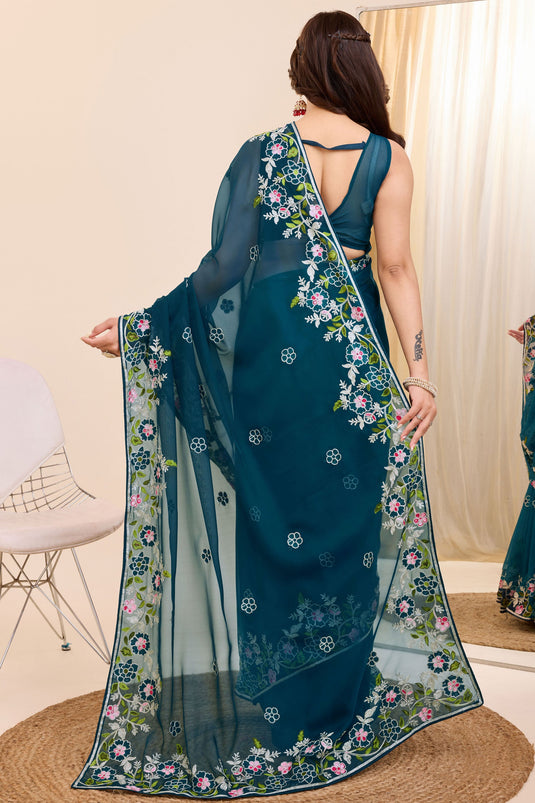 Embroidered Work Soothing Festive Wear Art Silk Saree In Teal Color