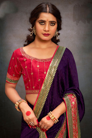 Purple Color Fascinating Border Work Satin Fabric Saree