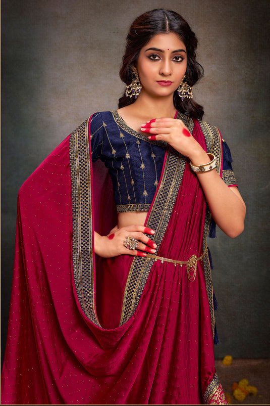 Fashionable Rani Color Border Work Satin Fabric Saree