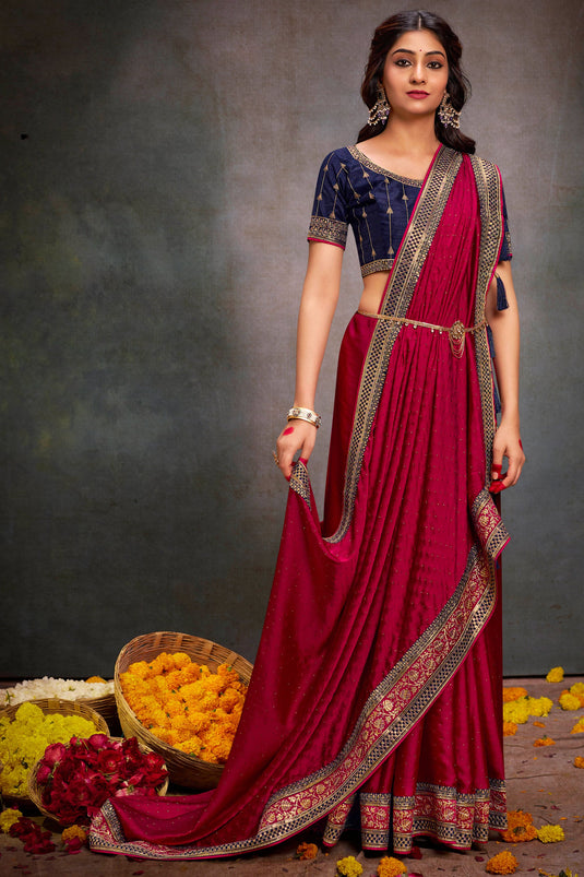 Fashionable Rani Color Border Work Satin Fabric Saree