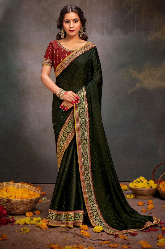 Green Color Glorious Border Work Satin Fabric Saree