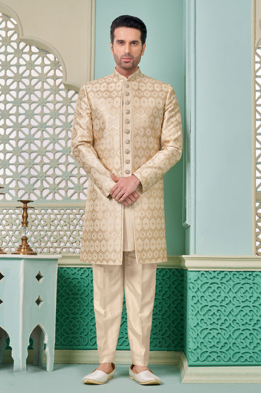 Banarasi Silk Beige Color Readymade Nawabi Style Indo Western