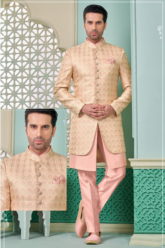 Pink Color Engaging Banarasi Silk Fabric Readymade Nawabi Style Indo Western