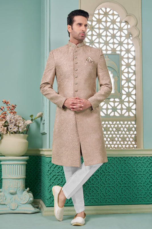 Banarasi Silk Fantastic Pink Color Readymade Nawabi Men's Sherwani