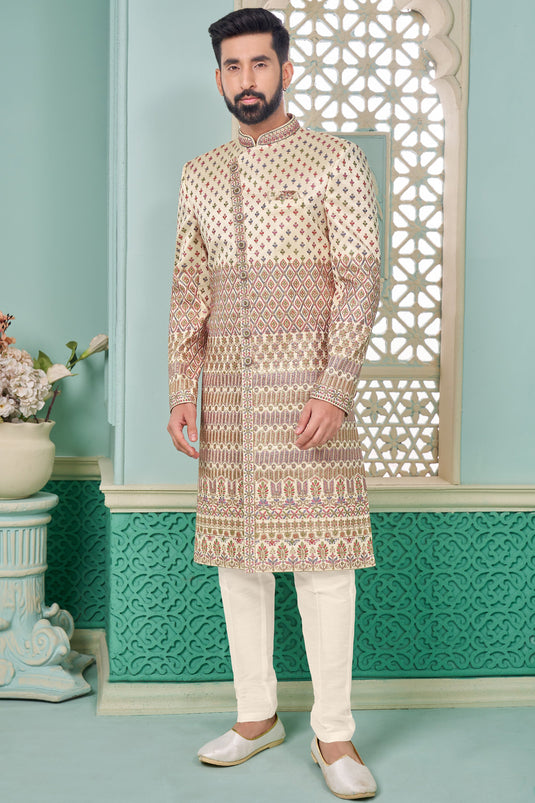 Beige Color Banarasi Silk Fabric Attractive Readymade Nawabi Men's Sherwani