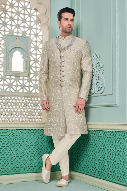 Dark Beige Color Banarasi Silk Fabric Readymade Nawabi Men's Sherwani