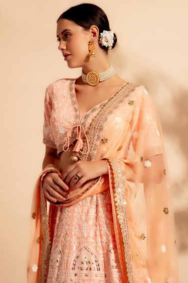 Excellent Georgette Fabric Peach Color Lehenga With Sequins Work