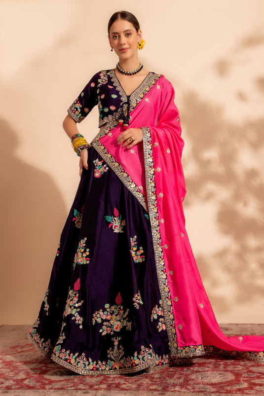 Awesome Sequins Work On Organza Fabric Purple Color Lehenga