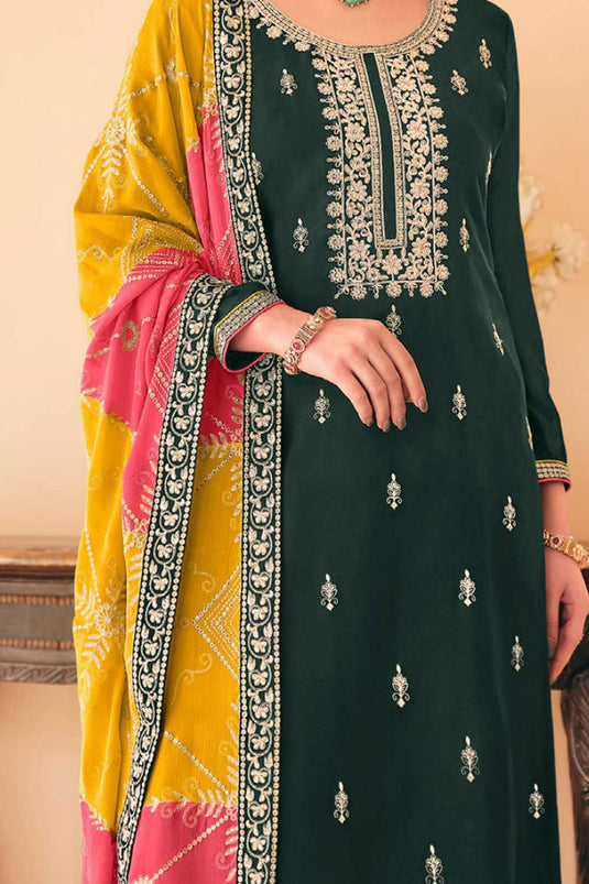 Green Color Chinon Fabric Tempting Pakistani Replica Suit