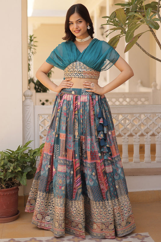 Teal Color Fashionable Readymade Crop Top With Lehenga In Art Silk Fabric