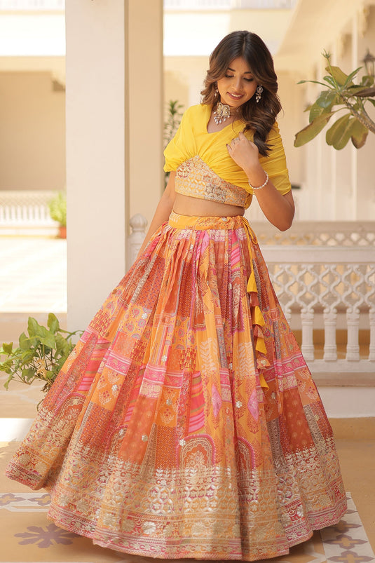 Art Silk Fabric Magnificent Readymade Crop Top With Lehenga In Yellow Color