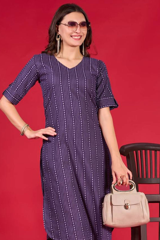 Beguiling Purple Color Cotton Fabric Readymade Casual Kurti With Bottom