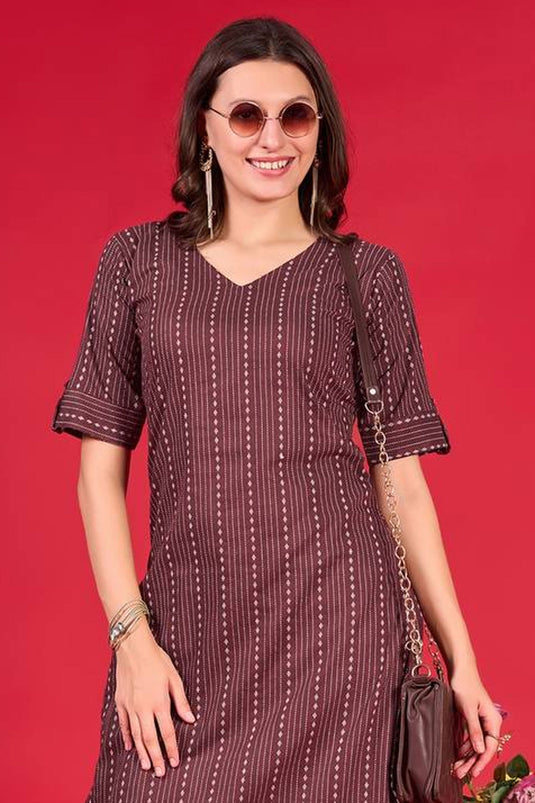 Incredible Cotton Fabric Brown Color Readymade Casual Kurti With Bottom