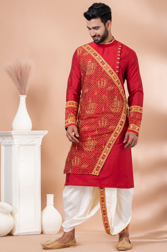 Red Color Viscose Fabric Festive Wear Readymade Lovely Embroidery Kurta Pyjama For Men