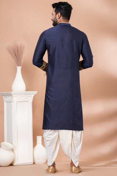 Viscose Fabric Reception Wear Attractive Embroidery Readymade Men Kurta Pyjama In Navy Blue Color