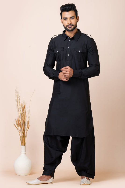Stylish Viscose Fabric Black Color Pathani Kurta Pyjama Set For Function