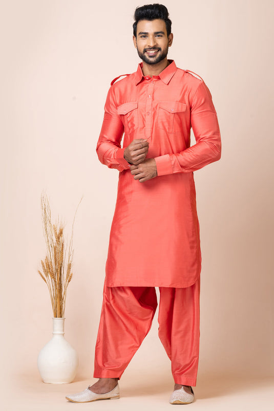 Artistic Viscose Fabric Peach Color Pathani Kurta Pyjama Set For Function