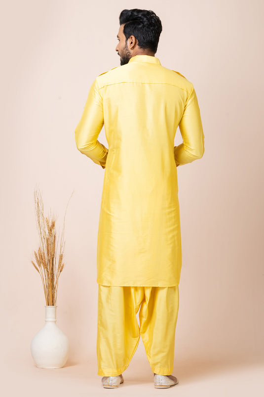 Traditional Viscose Fabric Pathani Kurta Pyjama Set In Yellow Color